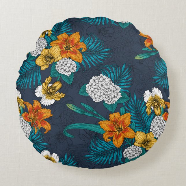 Tropical bouquet on blue round pillow (Front)