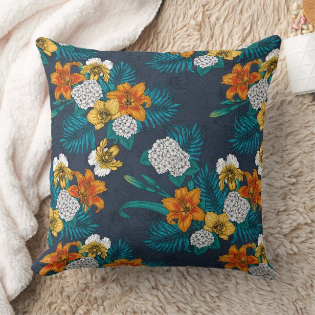 Tropical bouquet on blue throw pillow (Blanket)
