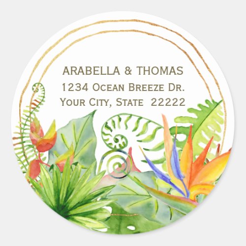 Tropical Bouquet Watercolor Floral Return Address Classic Round Sticker