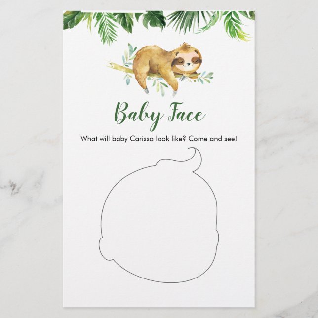 Tropical Boy Sloth Baby Shower Baby Face Card (Front)