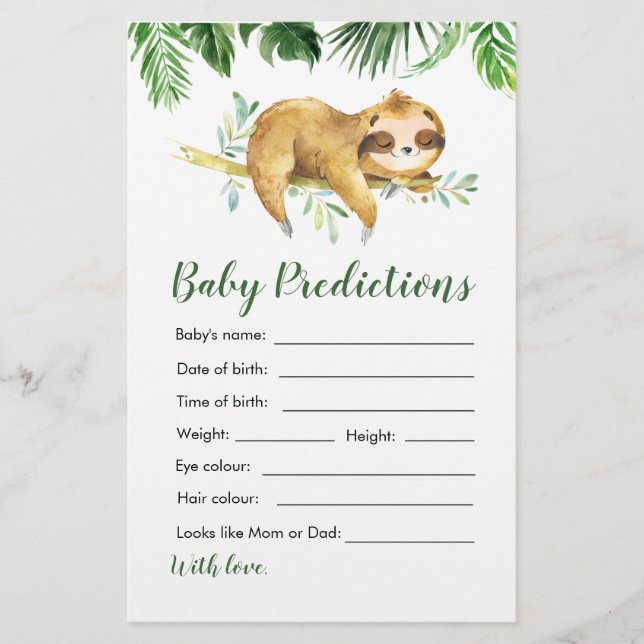 Tropical Boy Sloth Baby Shower Baby Predictions (Front)
