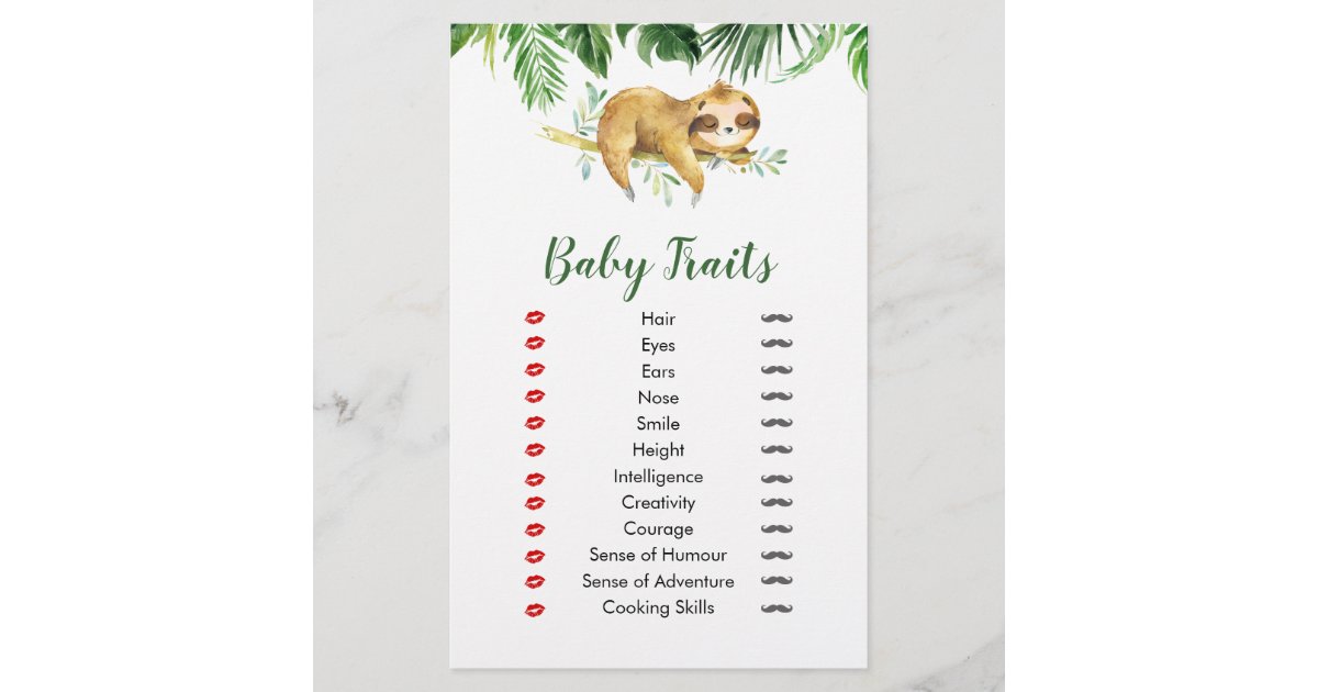 Tropical Boy Sloth Baby Shower Baby Traits | Zazzle