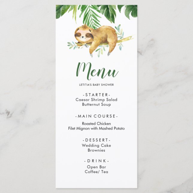 Tropical Boy Sloth Baby Shower Menu (Front)