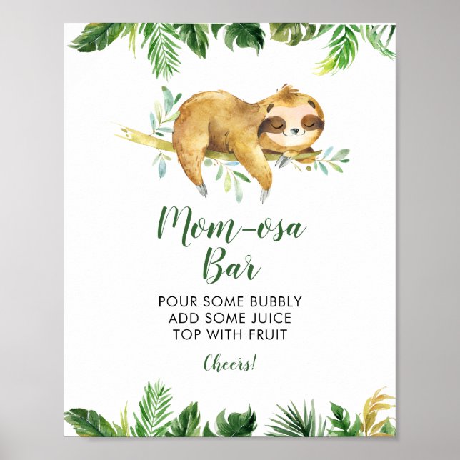 Tropical Boy Sloth Baby Shower Mom-osa Bar Poster (Front)