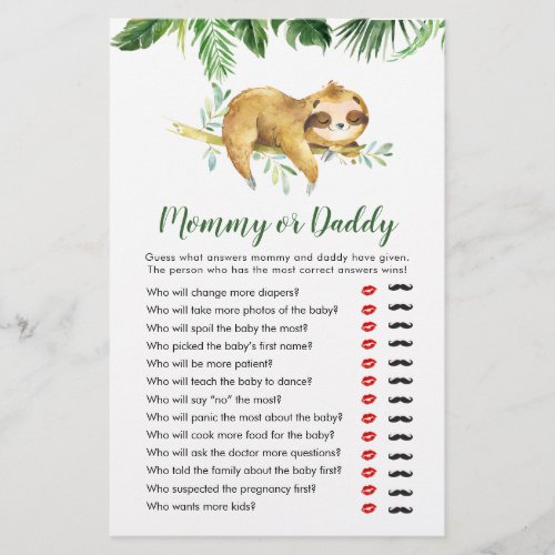 Tropical Boy Sloth Baby Shower Mommy or Daddy