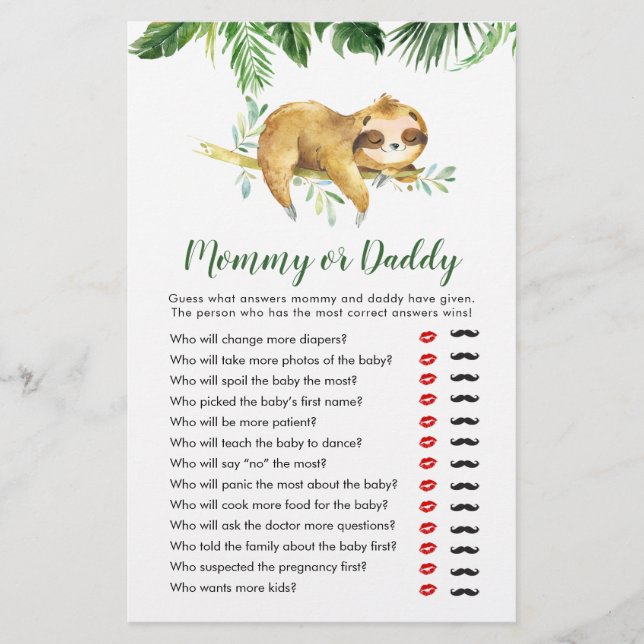 Tropical Boy Sloth Baby Shower Mommy or Daddy (Front)