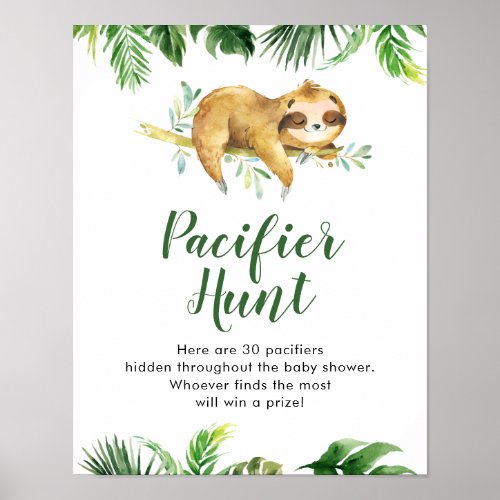 Tropical Boy Sloth Baby Shower Pacifier Hunt Poster
