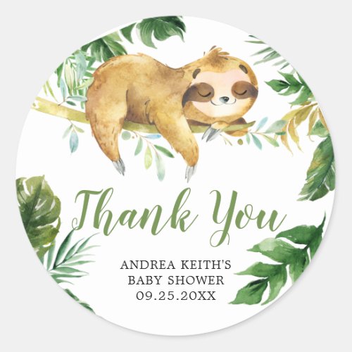 Tropical Boy Sloth Baby Shower Thank You Sticker