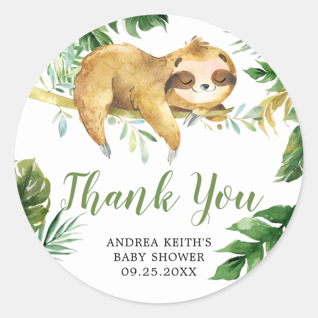 Tropical Boy Sloth Baby Shower Thank You Sticker (Front)