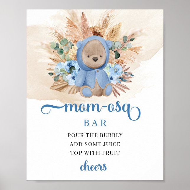 Tropical boy teddy bear blue flowers Mom-osa bar Poster (Front)