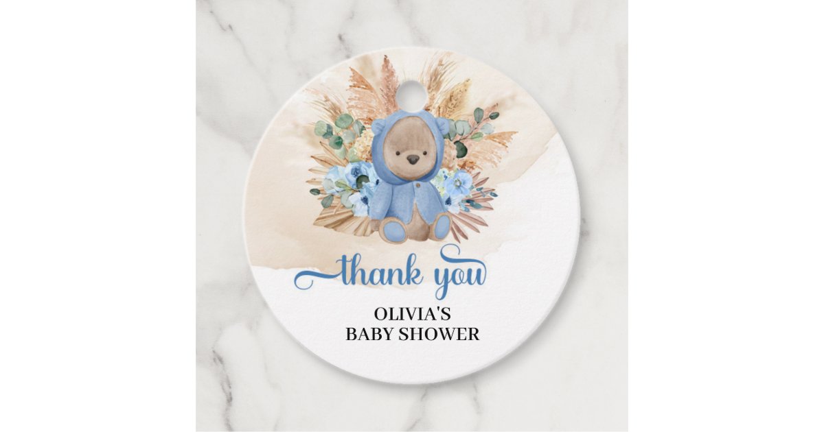 Tropical boy teddy bear pampas grass baby shower favor tags | Zazzle