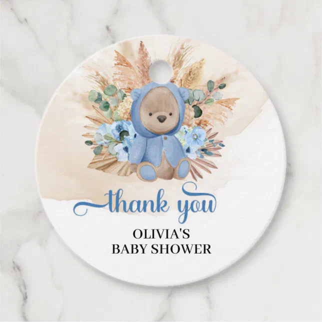 Tropical boy teddy bear pampas grass baby shower favor tags | Zazzle
