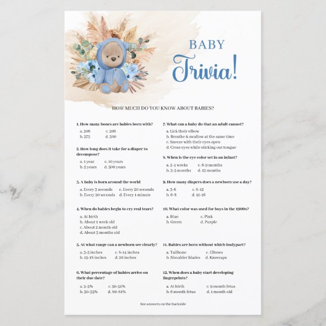 Tropical boy teddy bear pampas grass Baby Trivia (Front)