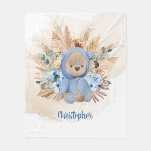Tropical boy teddy bear pampas grass blue flowers  fleece blanket