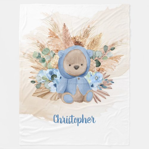 Tropical boy teddy bear pampas grass blue flowers fleece blanket