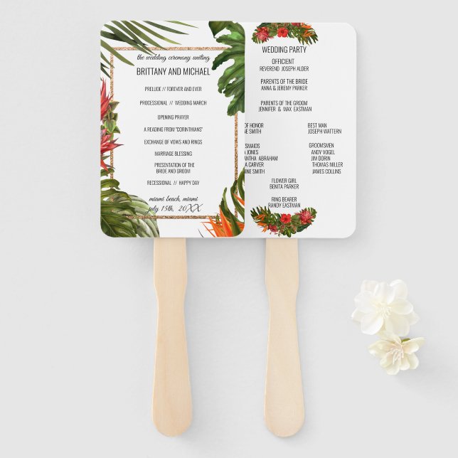 Tropical Breeze Floral Wedding Ceremony Program Hand Fan (Front and Back)