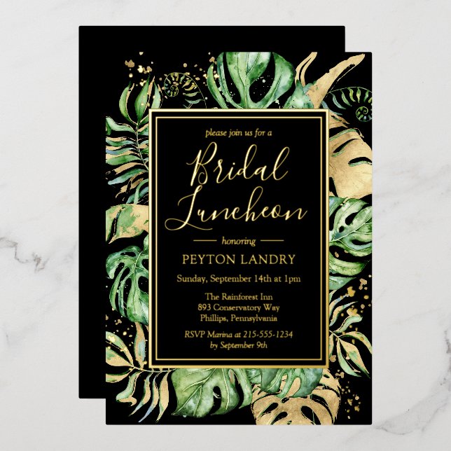 Tropical Bridal Luncheon Shower Black & Gold Foil Invitation (Front/Back)