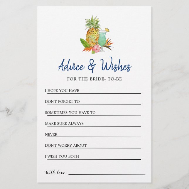 Tropical Bridal shower Advice & Wishes card (Front)