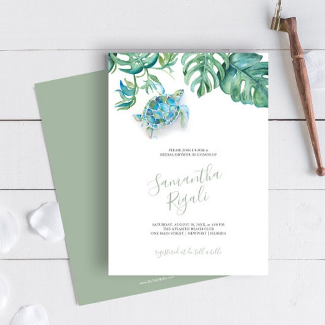 Tropical Bridal Shower Customizable Invitations (Tropical Bridal Shower Invitation Sea Turtle watercolor sea turtle, palm leaves Victoria Grigaliunas)
