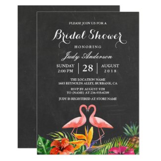 Tropical Bridal Shower Floral Chalkboard Flamingo Card