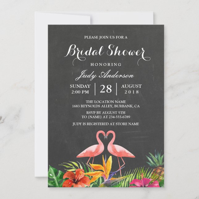 Tropical Bridal Shower Floral Chalkboard Flamingo Invitation (Front)