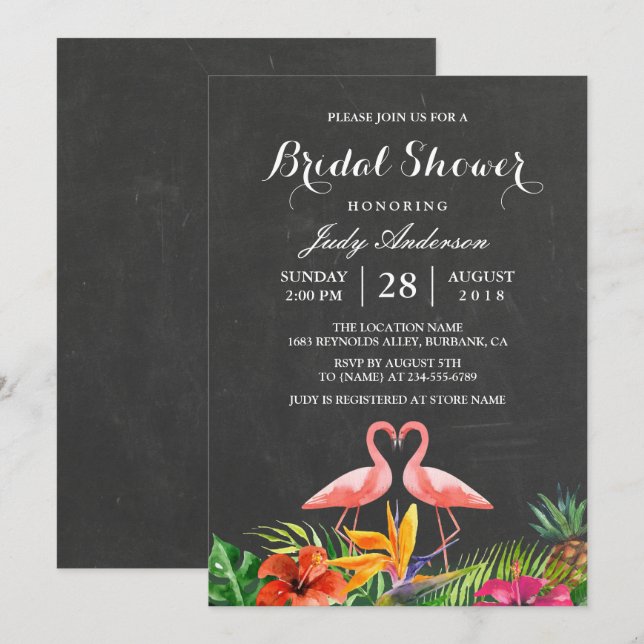 Tropical Bridal Shower Floral Chalkboard Flamingo Invitation (Front/Back)