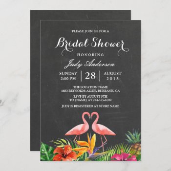 Tropical Bridal Shower Floral Chalkboard Flamingo Invitation by CardHunter at Zazzle