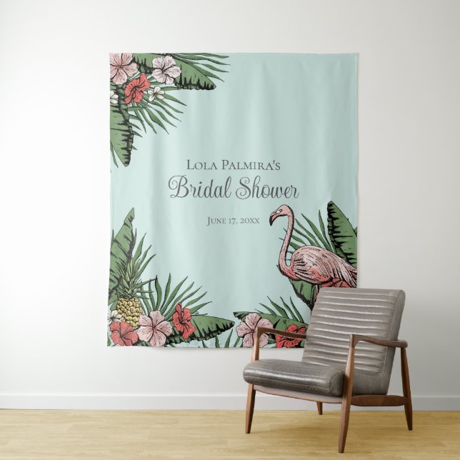 Tropical Bridal Shower Floral Flamingo Backdrop (In Situ)