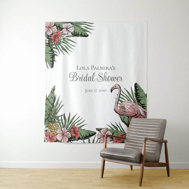 Tropical Bridal Shower Floral Flamingo Backdrop (In Situ)