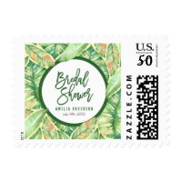 Tropical Bridal Shower Green Watercolor Leaves Postage