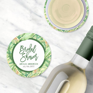 Tropical Bridal Shower Green Watercolor Leaves Round Paper Coaster