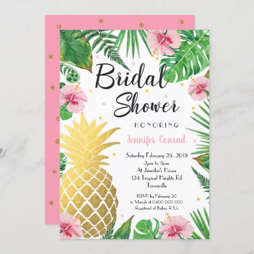 Tropical Bridal Shower Invitation Gold Pineapple Invitation