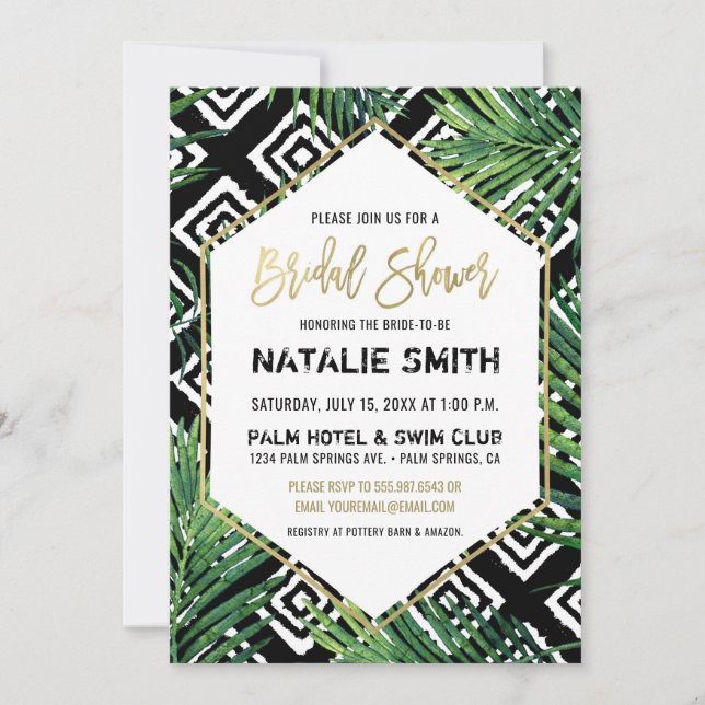 Tropical Bridal Shower Invitation Palm Fronds Gold (Front)