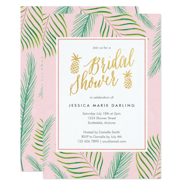 Tropical Bridal Shower Invitations In Pink & Gold