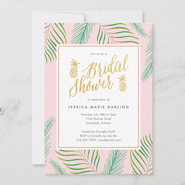 Tropical Bridal Shower Invitations in Pink & Gold (Front)