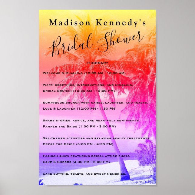 Tropical 🎀 Bridal Shower Itinerary Palm Colors Poster (Front)
