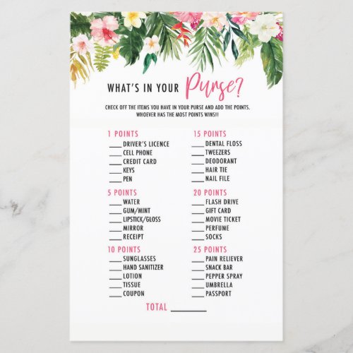 Tropical Bridal Shower Purse Game Cards