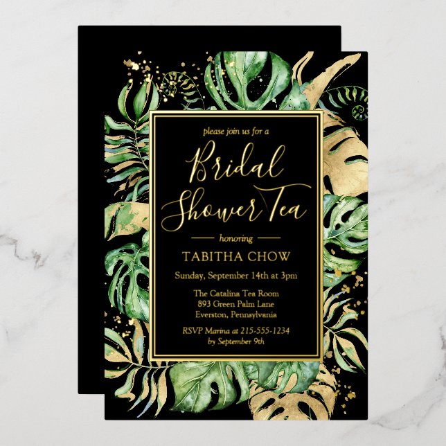 Tropical Bridal Shower Tea Party Black & Gold Foil Foil Invitation (Front/Back)