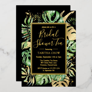 Tropical Bridal Shower Tea Party Black & Gold Foil Invitation