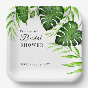 Tropical Bridal Shower Watercolor Script Jungle Paper Plates