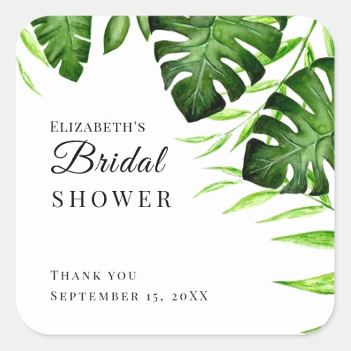 Tropical Bridal Shower Watercolor Script Jungle Square Sticker