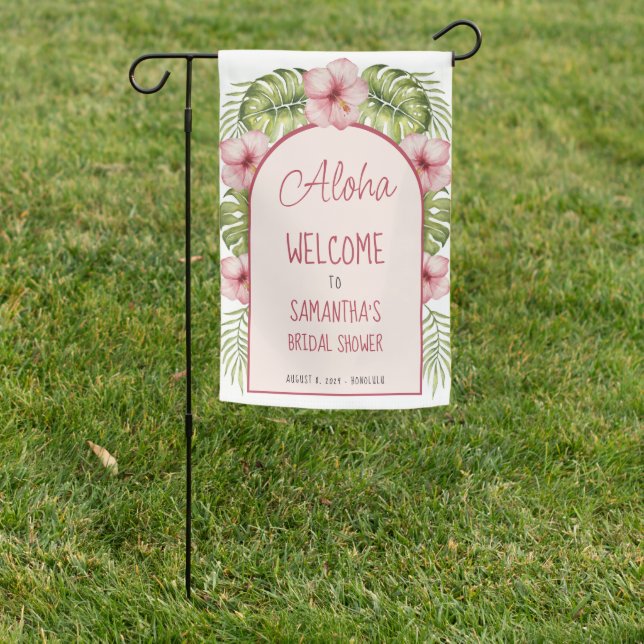 Tropical Bridal Shower Welcome Floral Arch Script Garden Flag (In SItu)