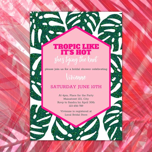 Tropical Bridal Shower Wild Pink Glitter Monstera Invitation