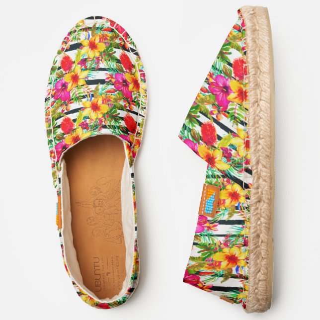 Tropical Bright Hibiscus Flowers Black Stripes Espadrilles (Side)