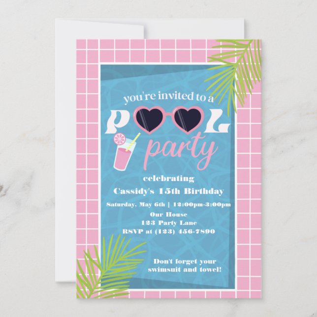 Tropical Bright Pink Retro Pool Party Birthday  Invitation (Front)