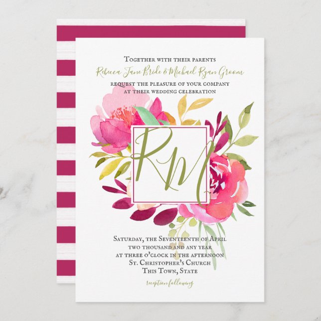 Tropical Brights Rose Square Frame Monogram Invitation (Front/Back)