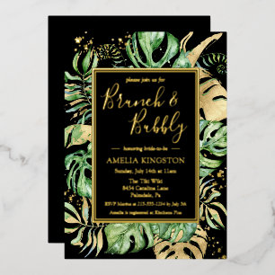 Tropical Brunch Bubbly Black & Gold Bridal Shower Foil Invitation