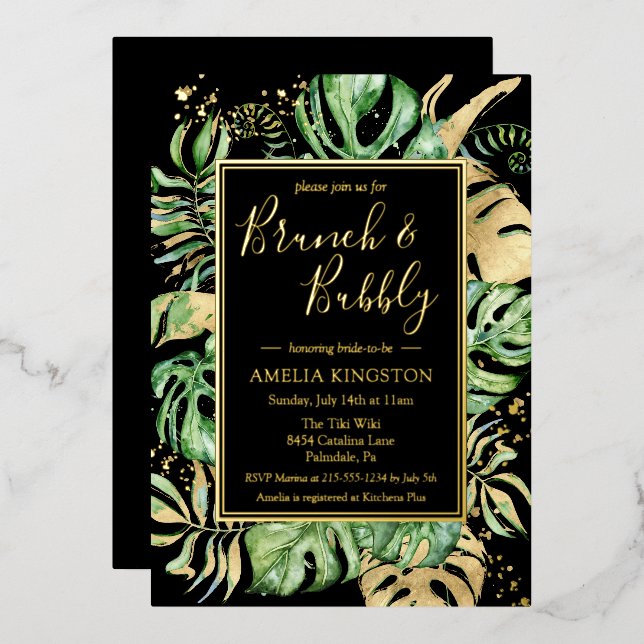 Tropical Brunch Bubbly Black & Gold Bridal Shower Foil Invitation (Front/Back)
