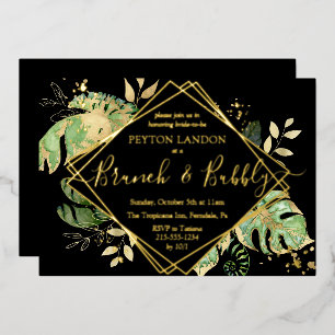 Tropical Brunch Bubbly Bridal Shower Black & Gold  Foil Invitation