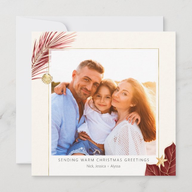 Tropical Burgundy and Gold Greenery Photo Holiday Card (Front)